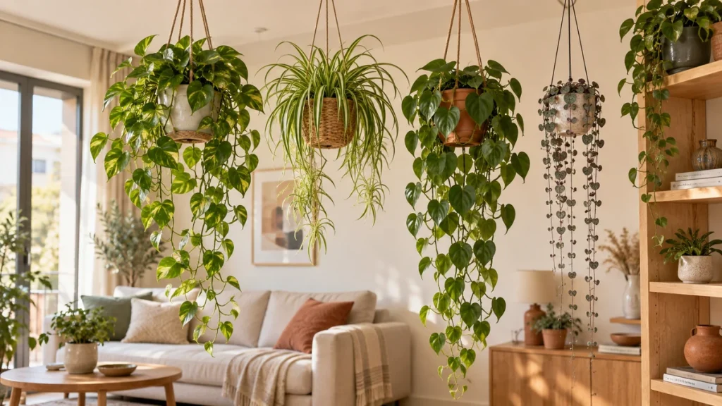 Plantas colgantes de interior en macetas suspendidas dentro de un salón luminoso