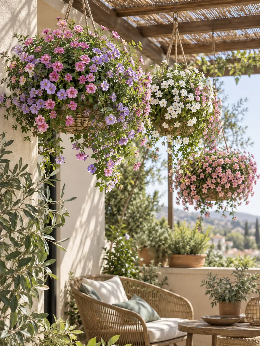 Plantas colgantes de exterior con flores en una terraza en semisombra