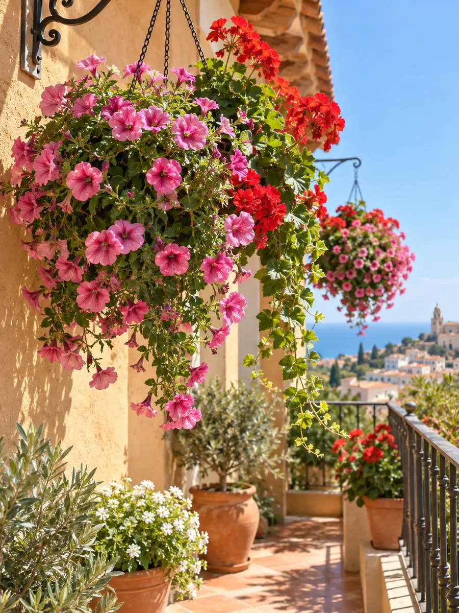 Plantas colgantes de exterior con flores en un balcón soleado