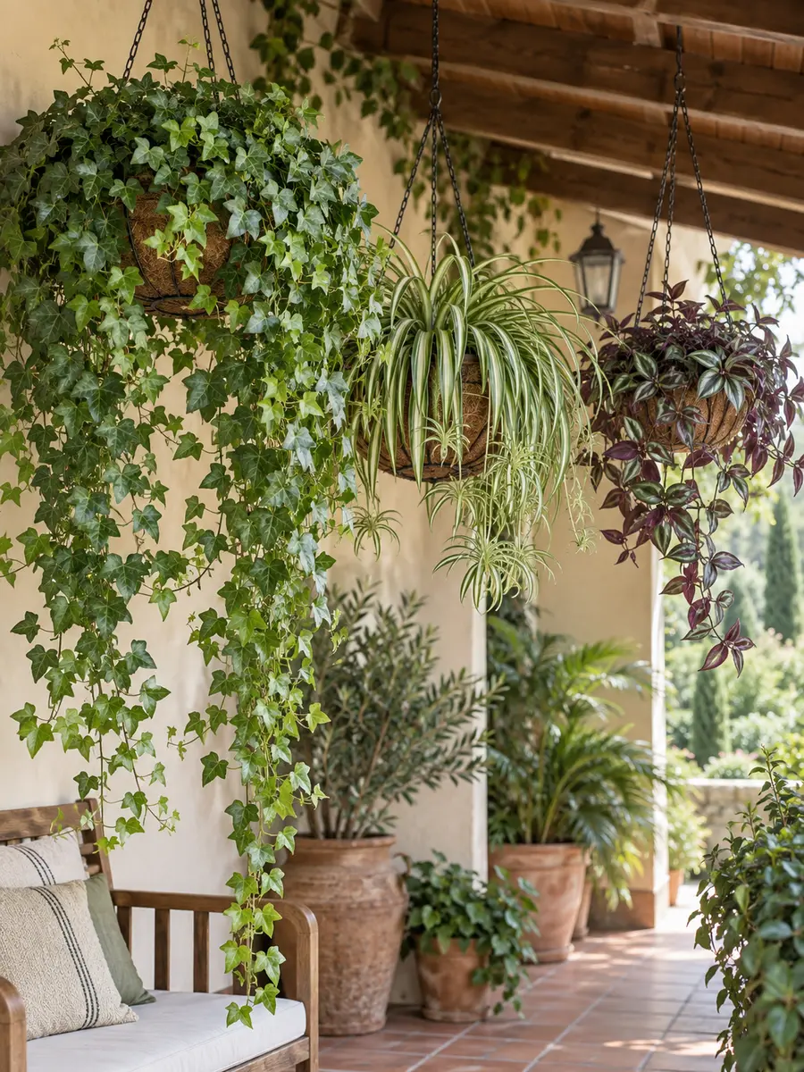 Plantas colgantes de exterior de follaje en un porche luminoso