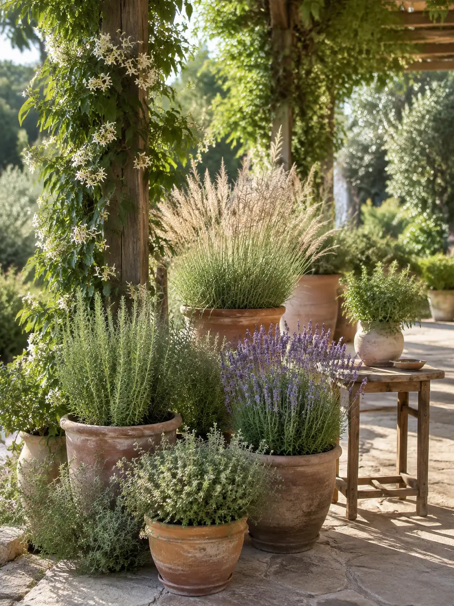 Plantas aromáticas en macetas decorando una pérgola de jardín