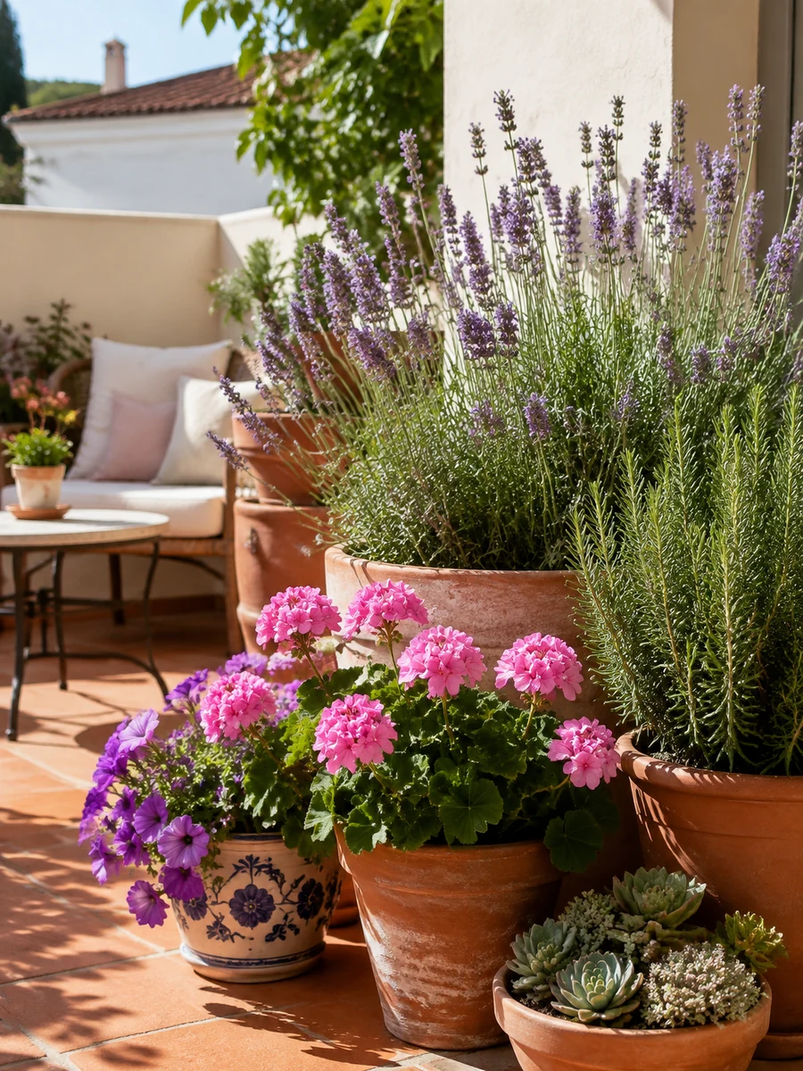 Plantas y flores resistentes al sol directo en una terraza mediterránea