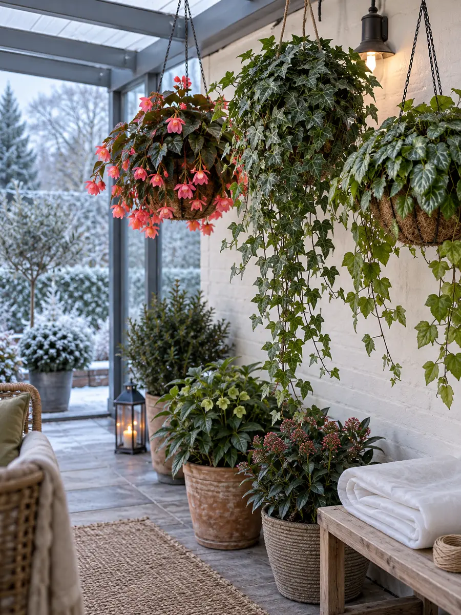 Plantas colgantes de exterior protegidas del frío en un porche