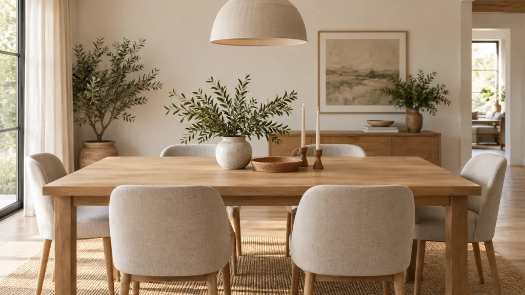 Mesa de comedor de madera decorada con un jarrón de ramas, una bandeja y velas