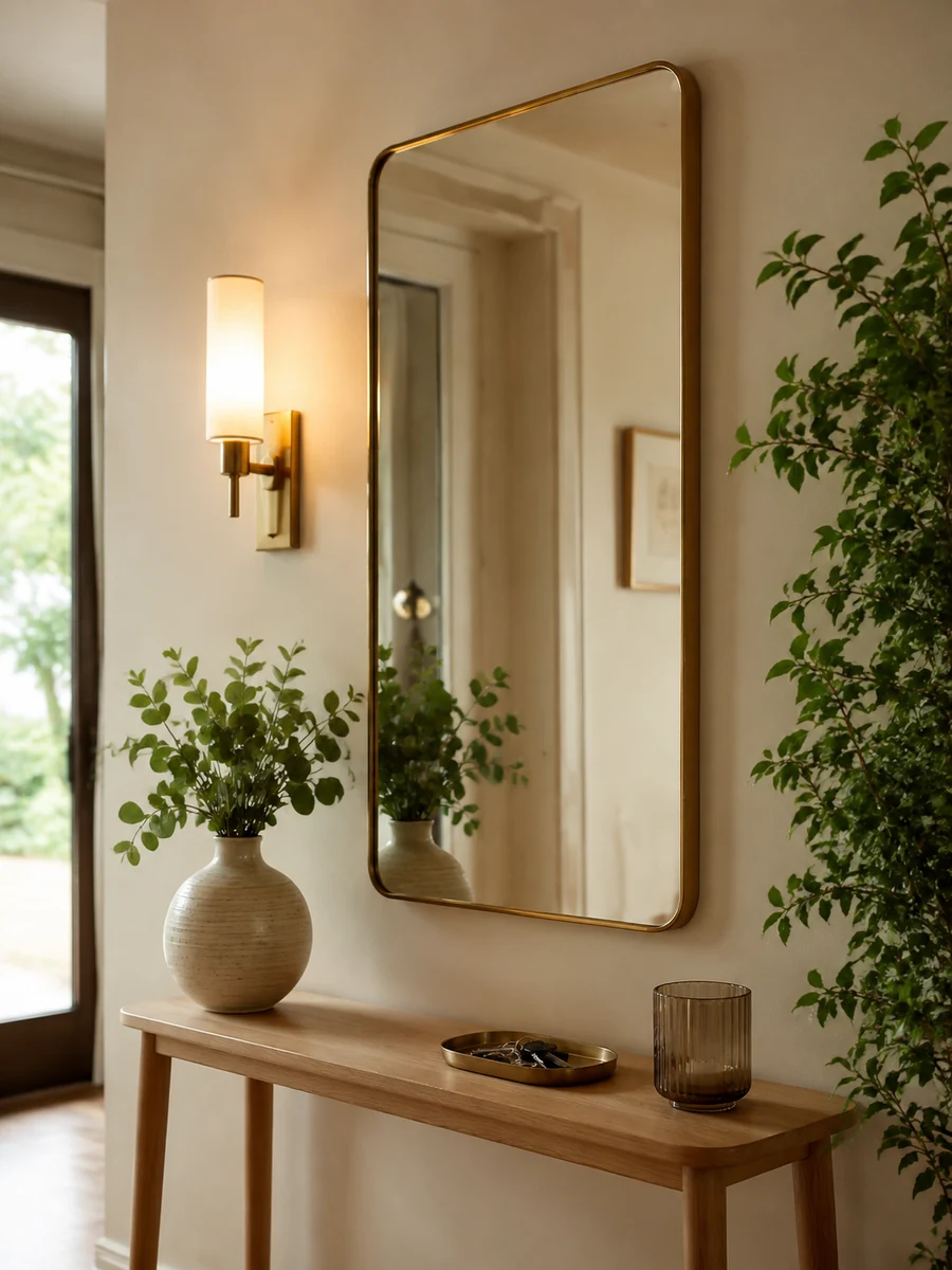 Recibidor con espejo grande, aplique de pared y consola de madera iluminados con luz cálida