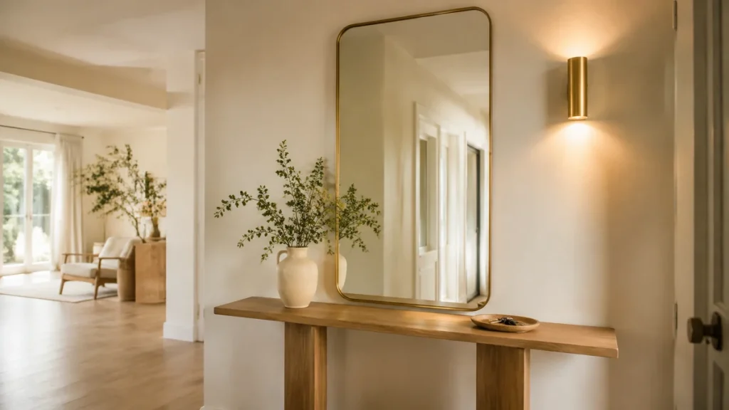 Recibidor contemporáneo con un espejo grande sobre una consola de madera y luz cálida