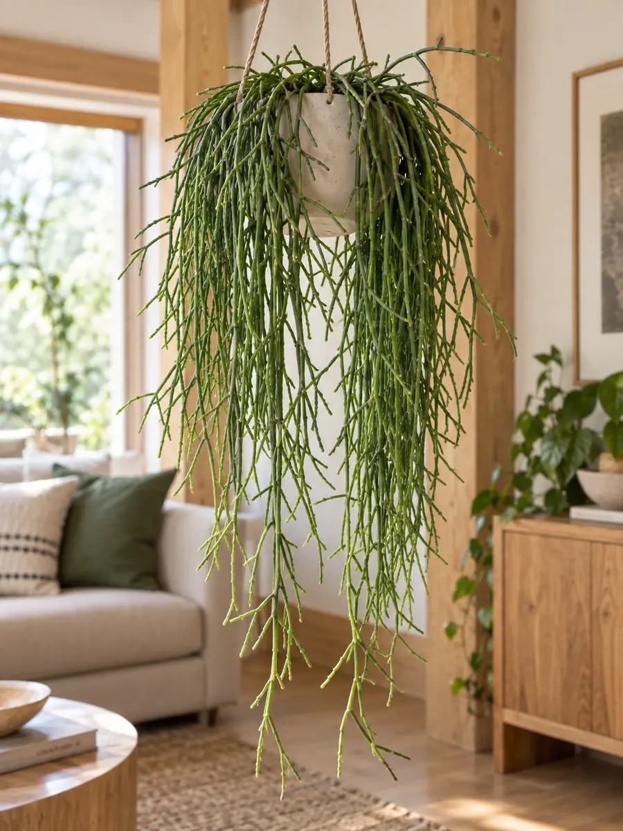 Rhipsalis de tallos finos y colgantes en un salón luminoso