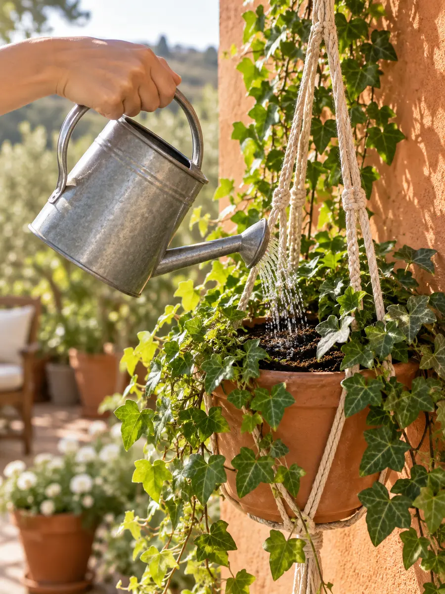 Riego de una planta colgante de exterior en una maceta
