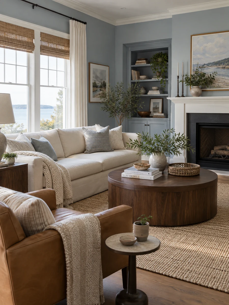 Salón azul grisáceo, blanco y madera oscura Salón elegante con paredes azul grisáceo, sofá blanco y muebles de madera oscura