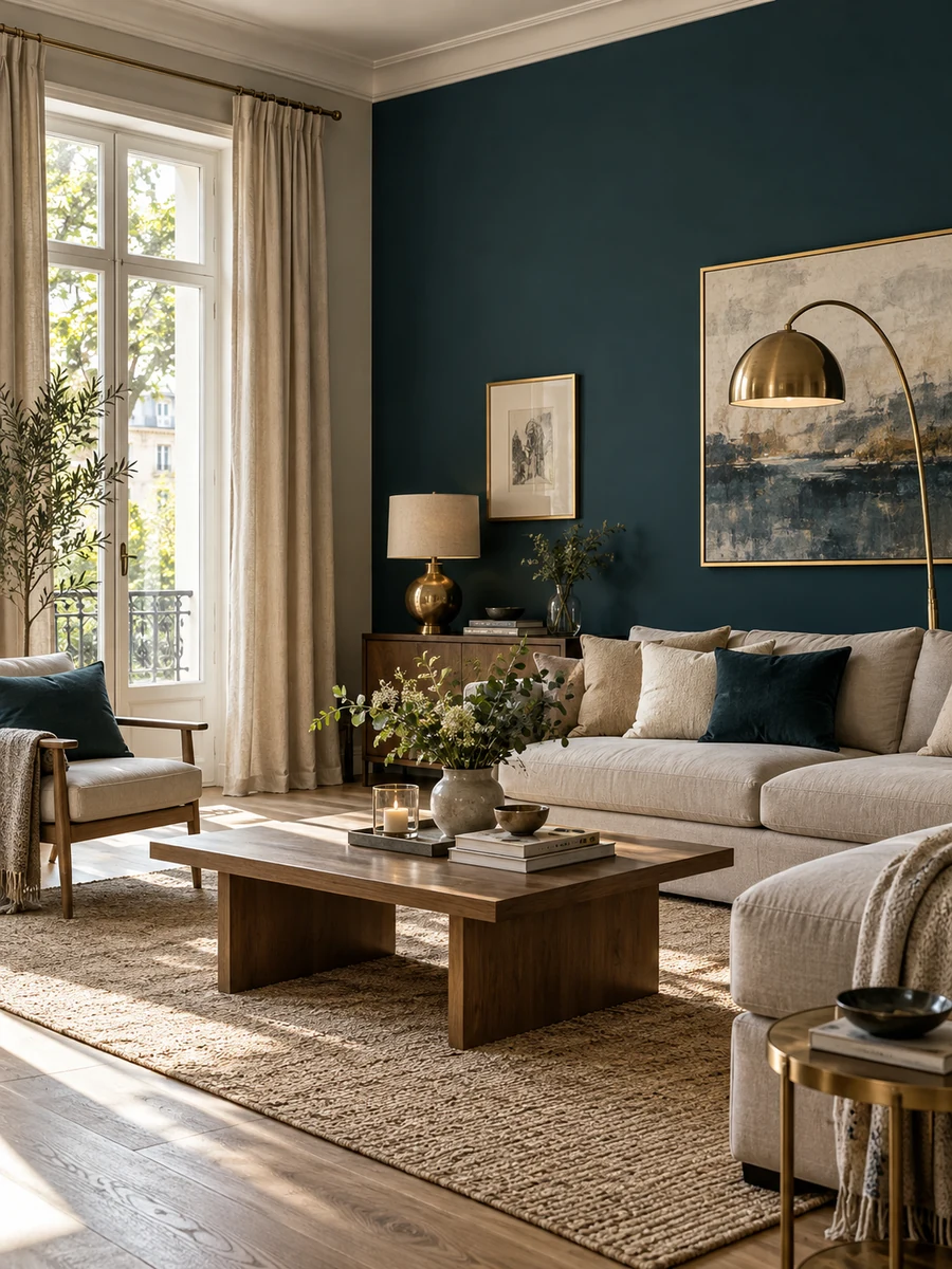 Salón azul petróleo, arena y latón Salón sofisticado con pared azul petróleo, textiles arena y detalles de latón
