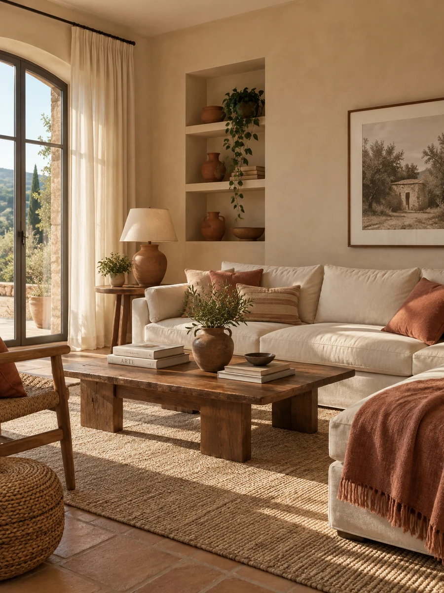 Salón beige arena, terracota y crema Salón acogedor con paredes beige arena, sofá crema y acentos terracota