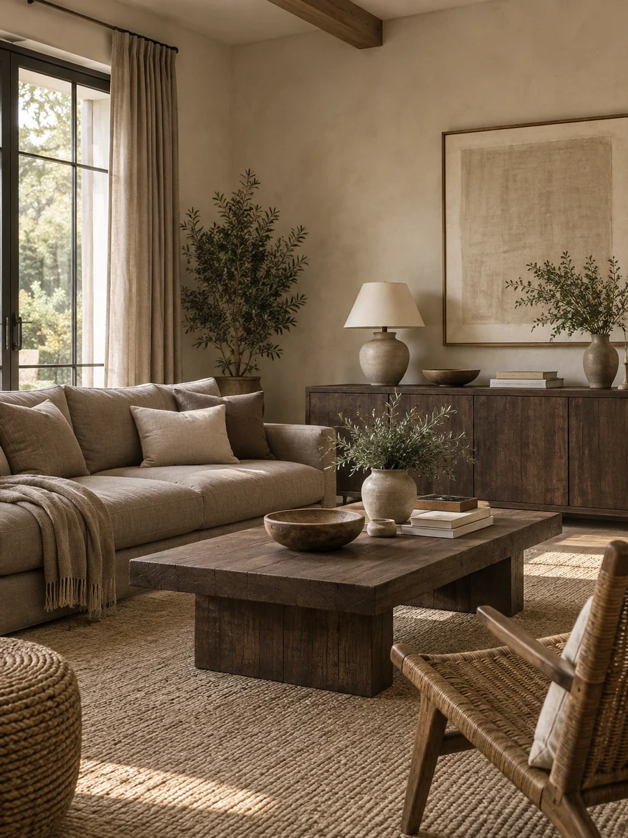 Salón beige, topo y marrón Salón monocromático en beige, topo y marrón con texturas naturales