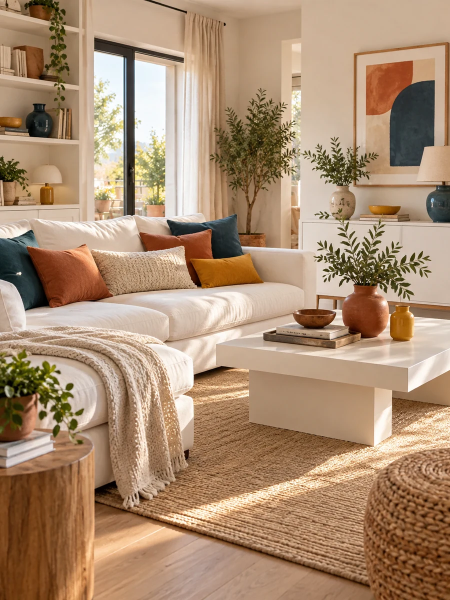 Salón con muebles blancos y accesorios en color para crear contraste
