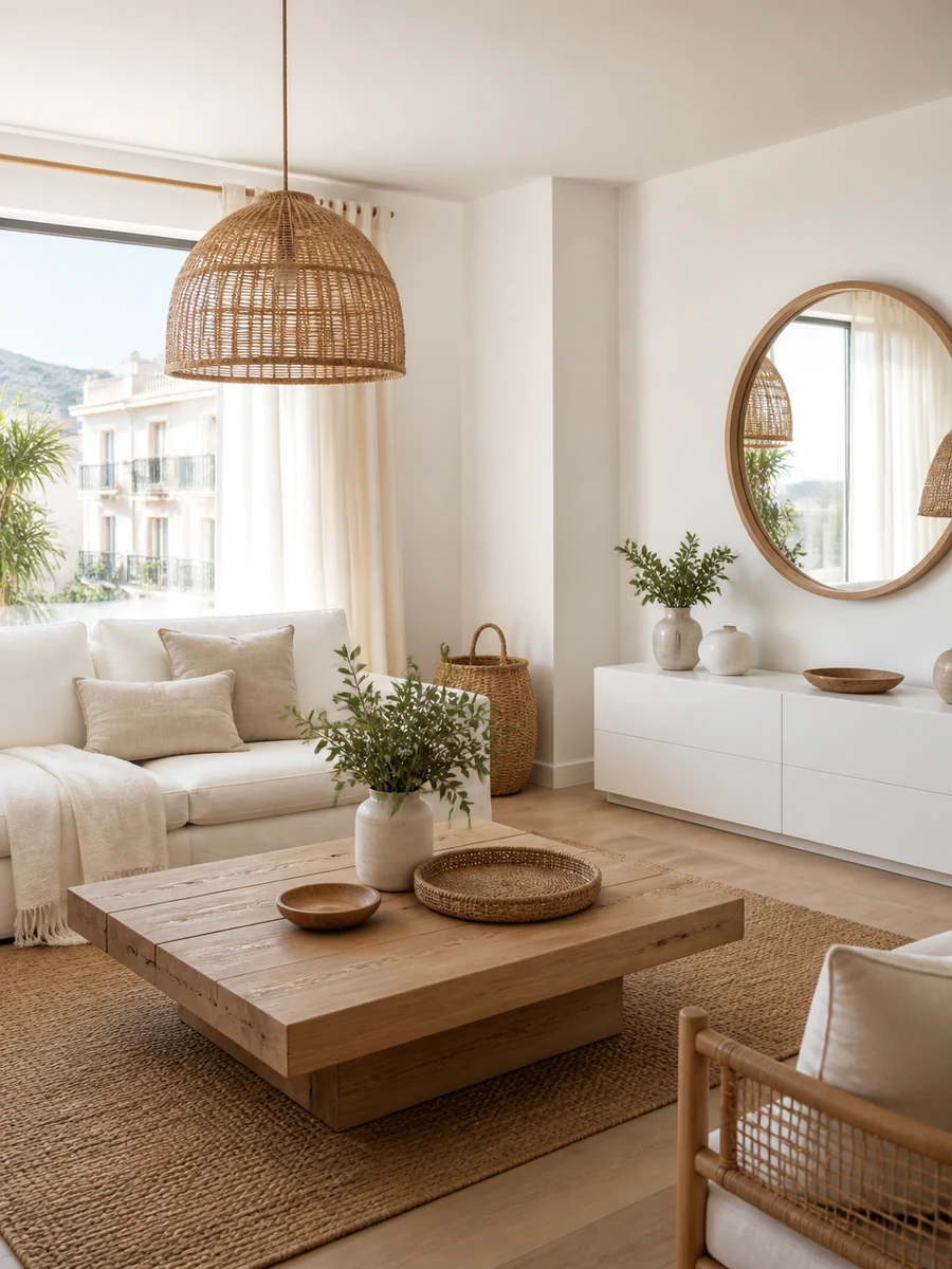 Salón con muebles blancos, mesa de madera y fibras naturales
