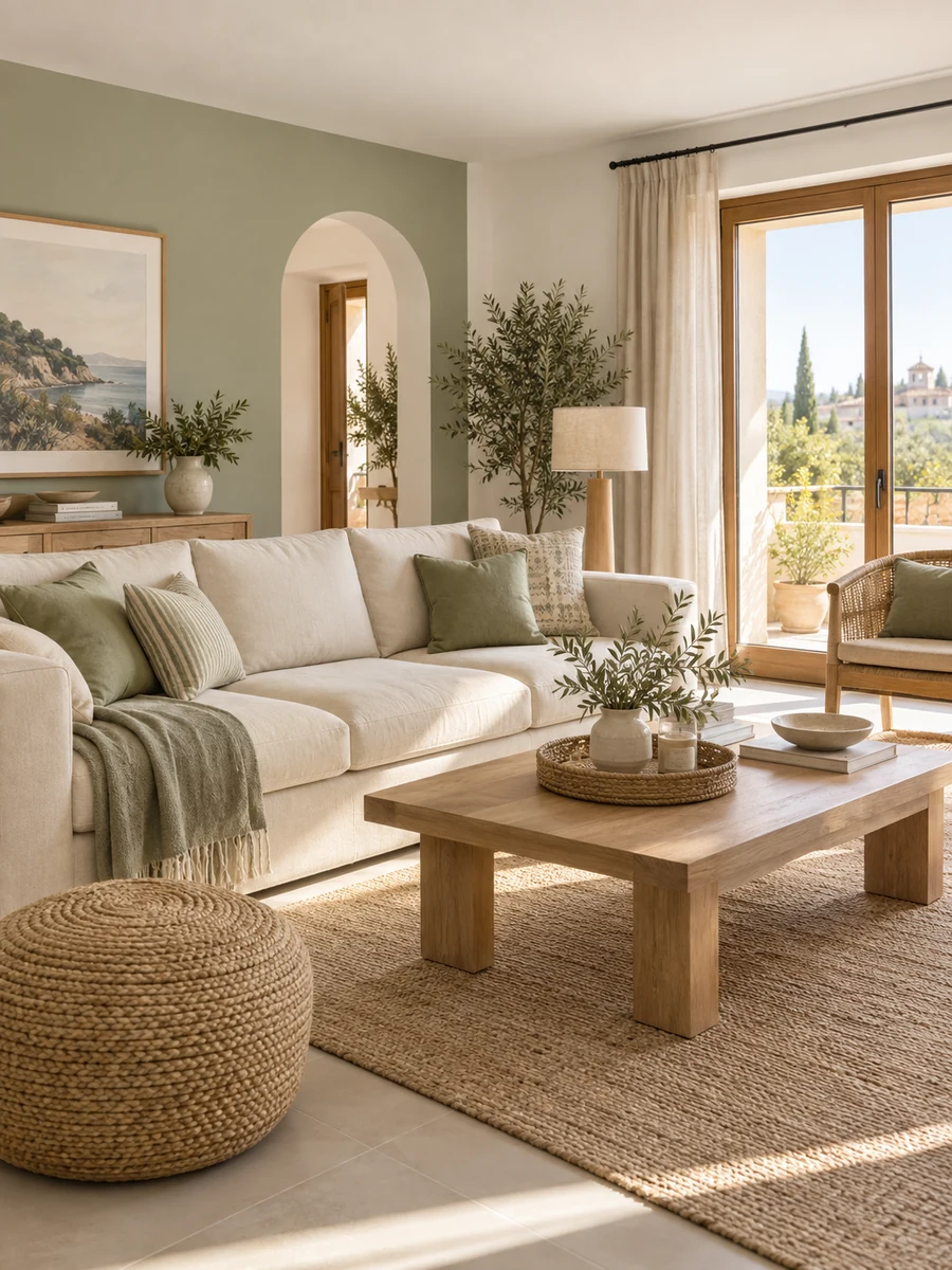 Salón blanco cálido, madera clara y verde salvia Salón luminoso con paredes blanco cálido, muebles de madera clara y detalles en verde salvia