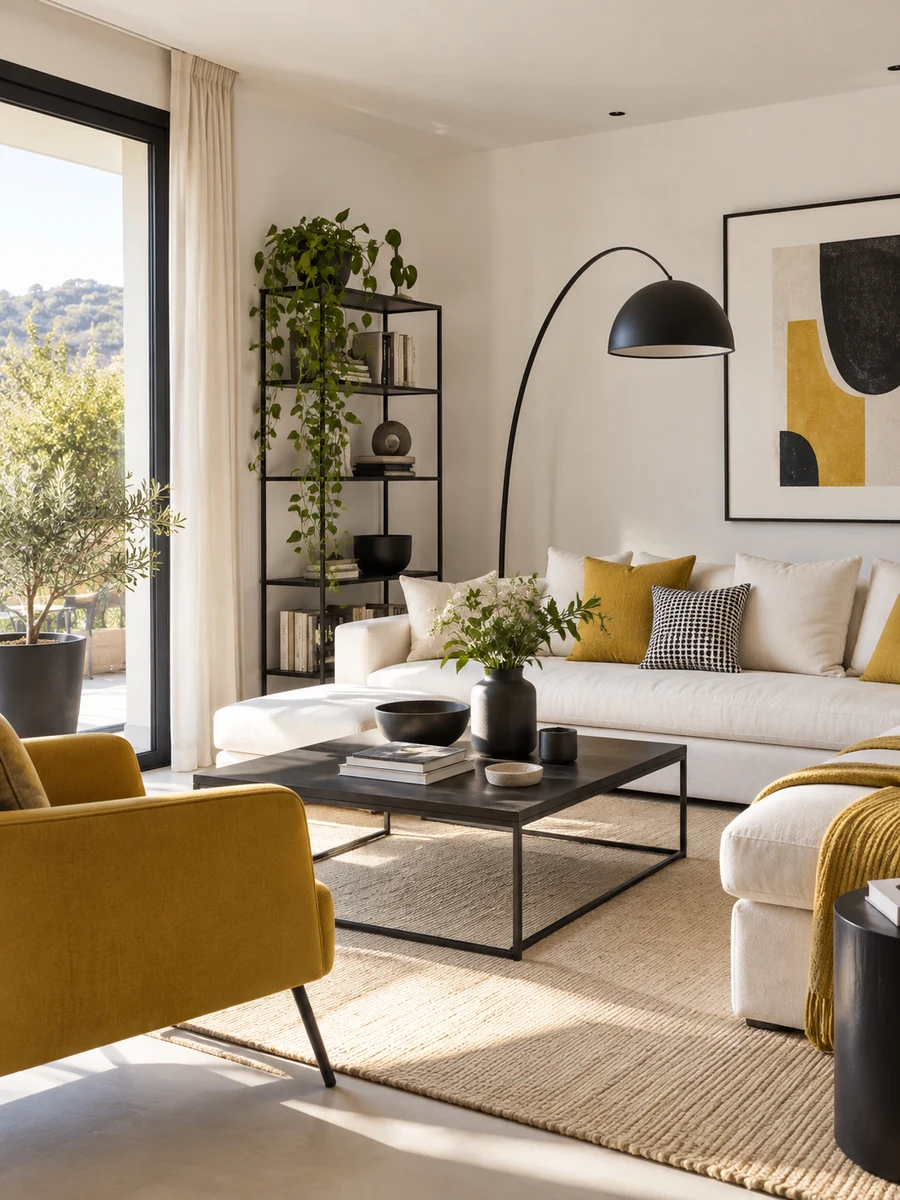 Salón blanco, negro y mostaza Salón moderno con base blanca, mobiliario negro y acentos decorativos mostaza