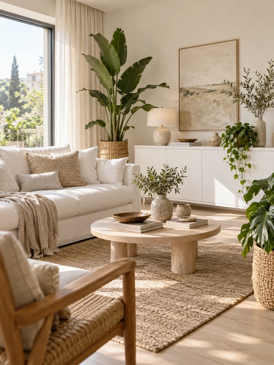 Salón con muebles blancos, plantas y decoración natural con personalidad