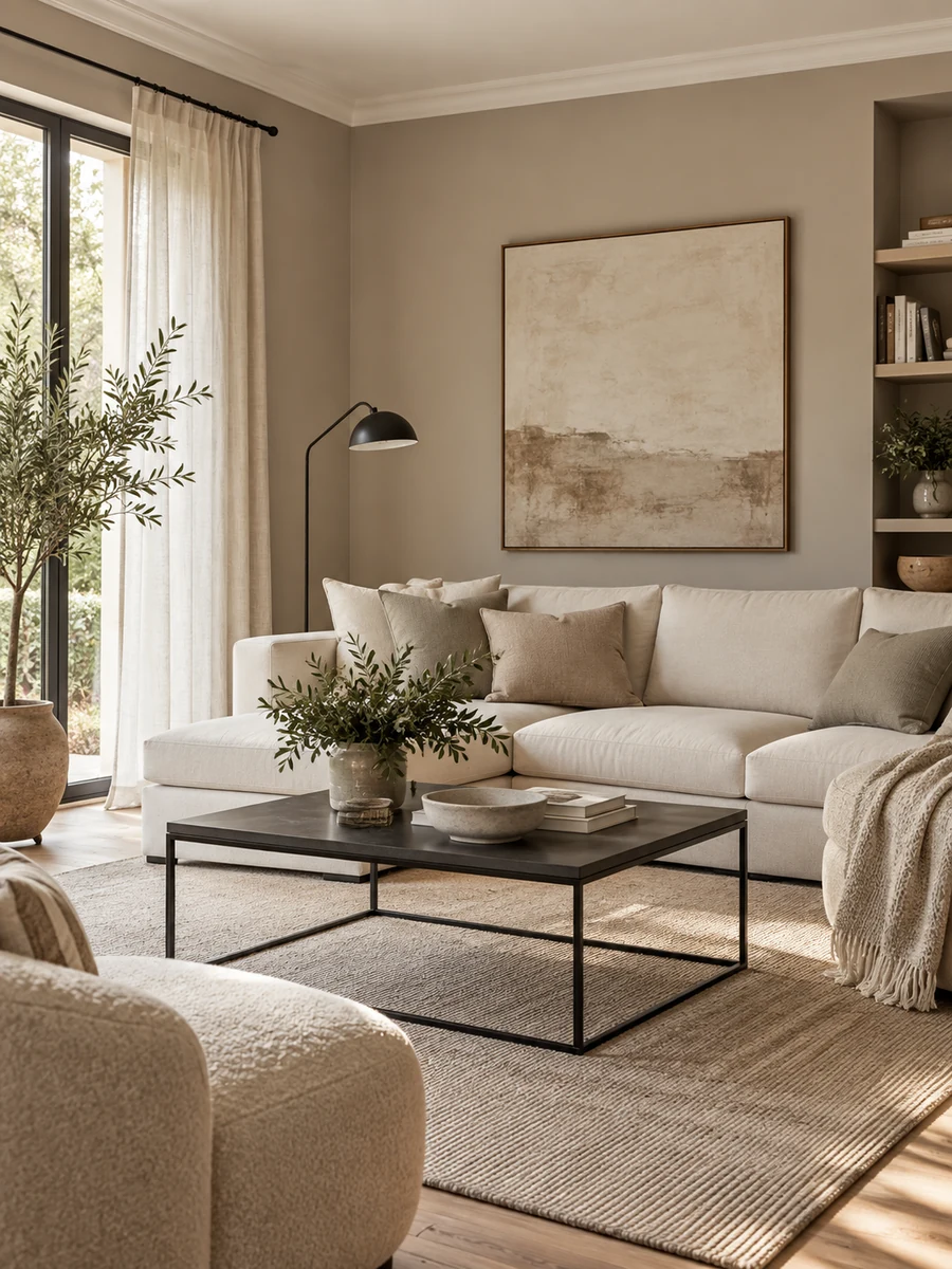 Salón greige, blanco roto y negro Salón contemporáneo con paredes greige, sofá blanco roto y detalles decorativos negros