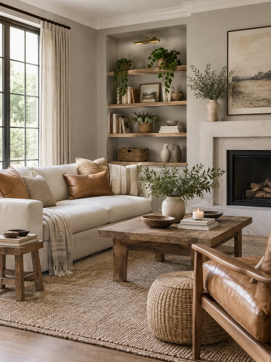 Salón gris cálido, blanco y tonos tostados Salón confortable con paredes gris cálido, sofá claro y textiles en tonos tostados