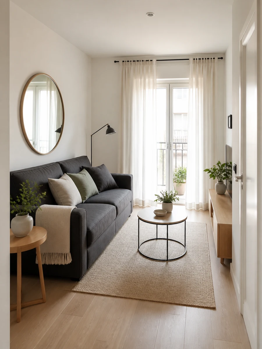 Salón pequeño y luminoso con sofá gris oscuro, alfombra clara y muebles ligeros