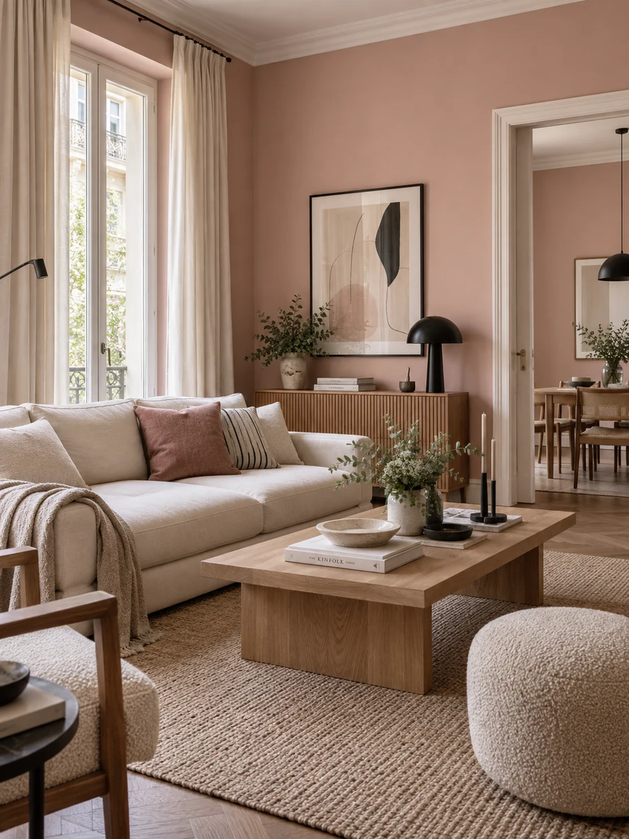 Salón rosa empolvado, crudo y negro Salón contemporáneo con paredes rosa empolvado, textiles crudos y detalles negros