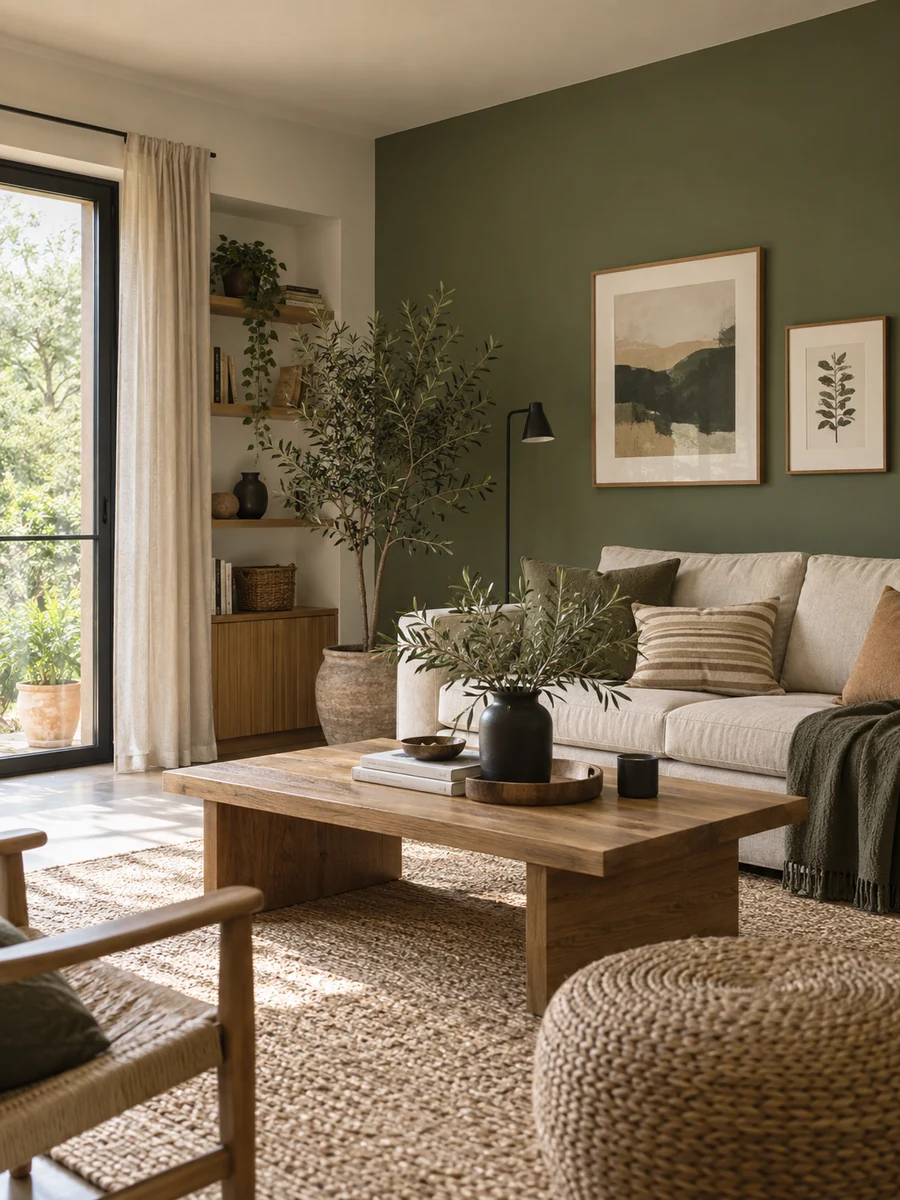 Salón verde oliva, blanco cálido y madera Salón decorado con pared verde oliva, paredes blanco cálido y mobiliario de madera