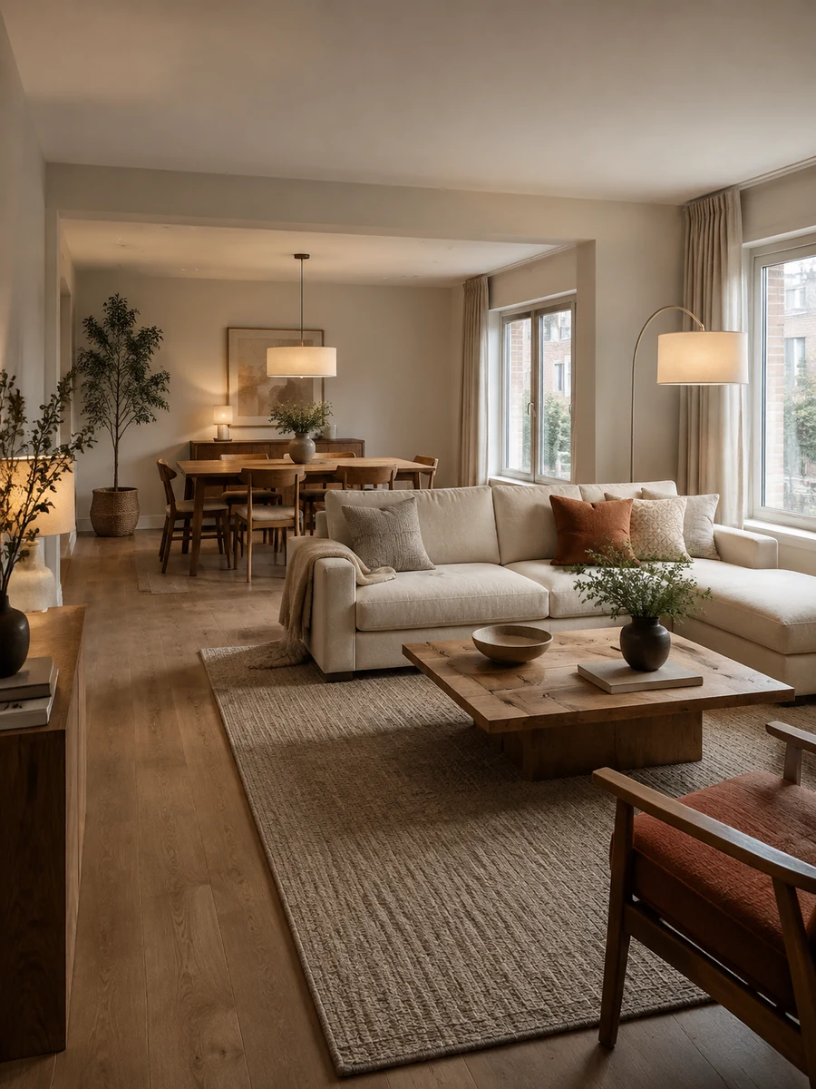 Salón comedor separado con alfombra, sofá y lámparas de ambiente