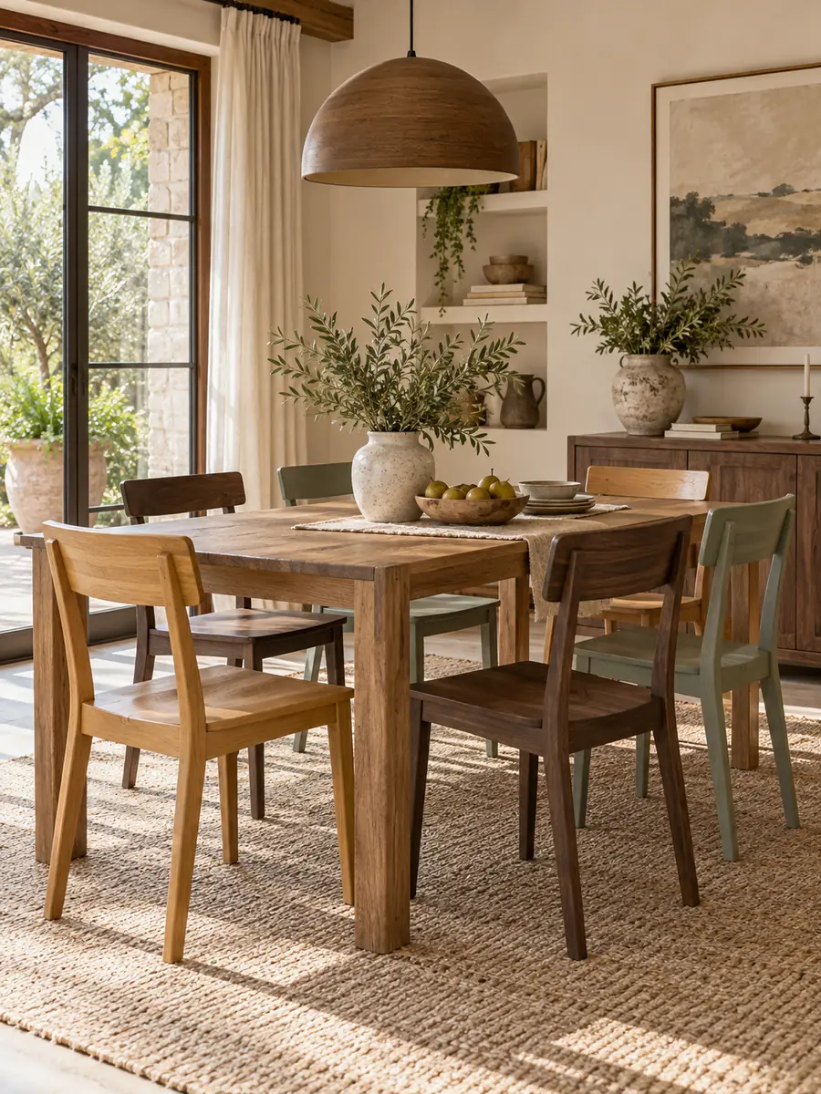 Sillas del mismo material en colores diferentes alrededor de una mesa