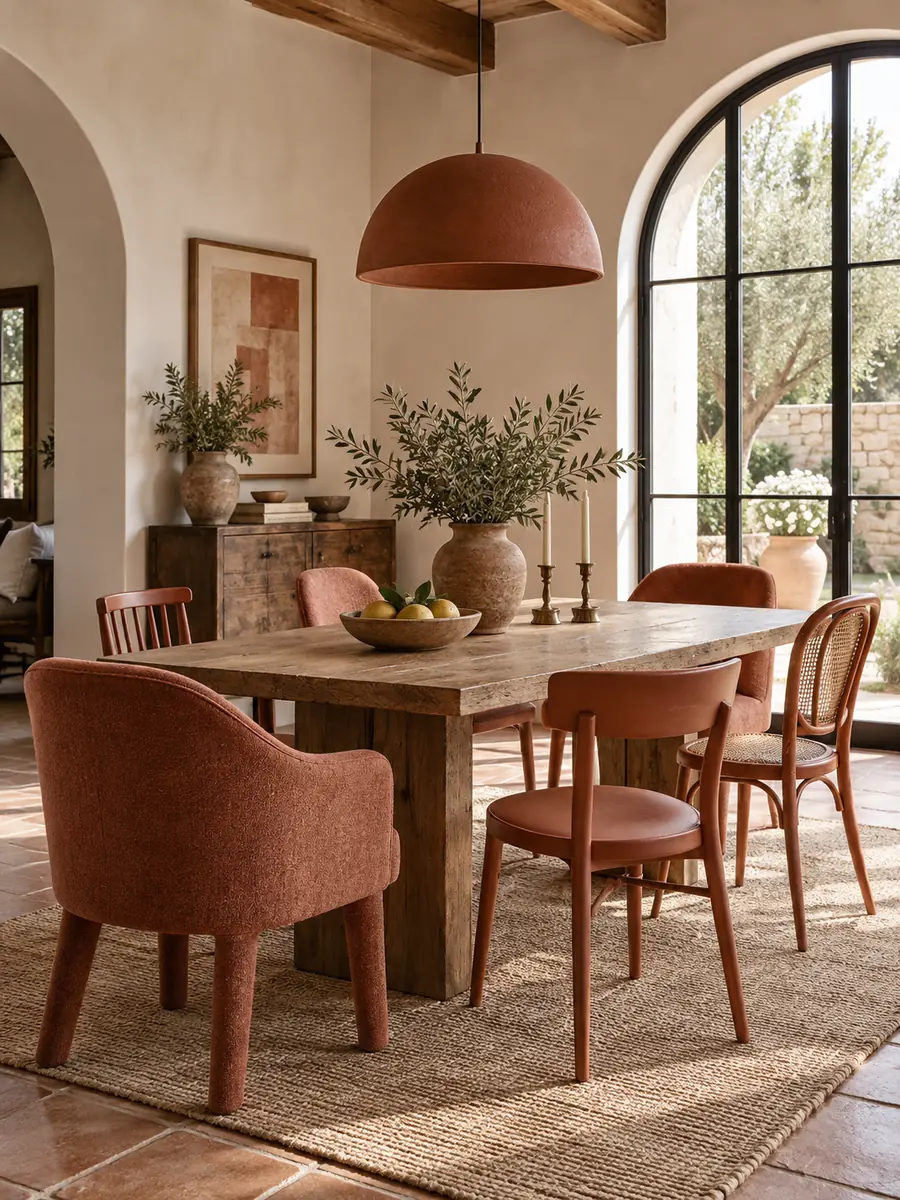 Sillas de distintos diseños en el mismo color alrededor de una mesa