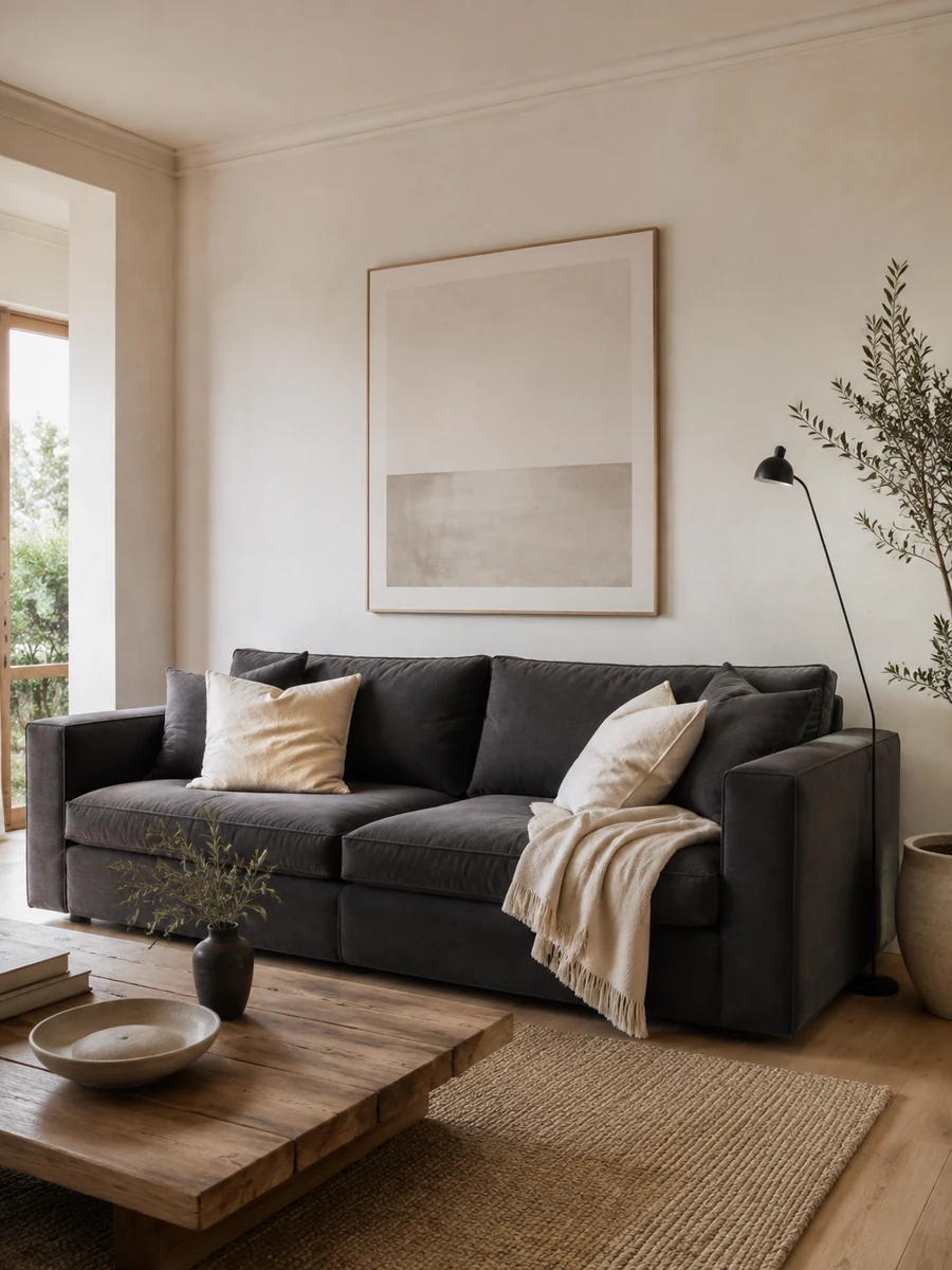 Salón con sofá gris oscuro frente a una pared blanca y muebles de madera clara