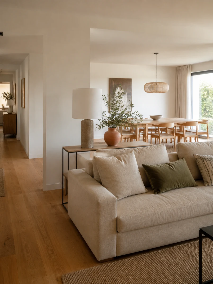 Sofá beige como separador entre el salón y el comedor