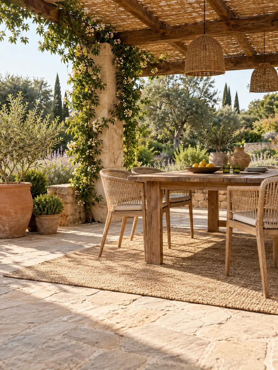 Alfombra de exterior delimitando el suelo bajo una pérgola de jardín