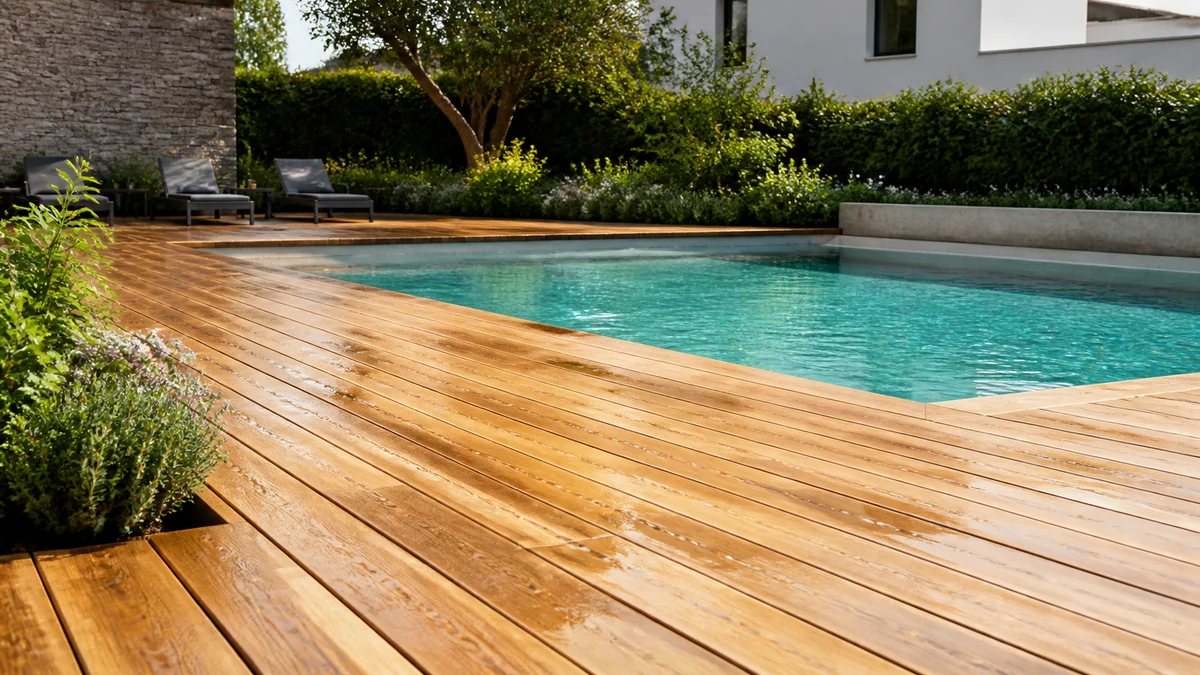 Tarima de madera para piscina de acacia junto al agua y al jardín