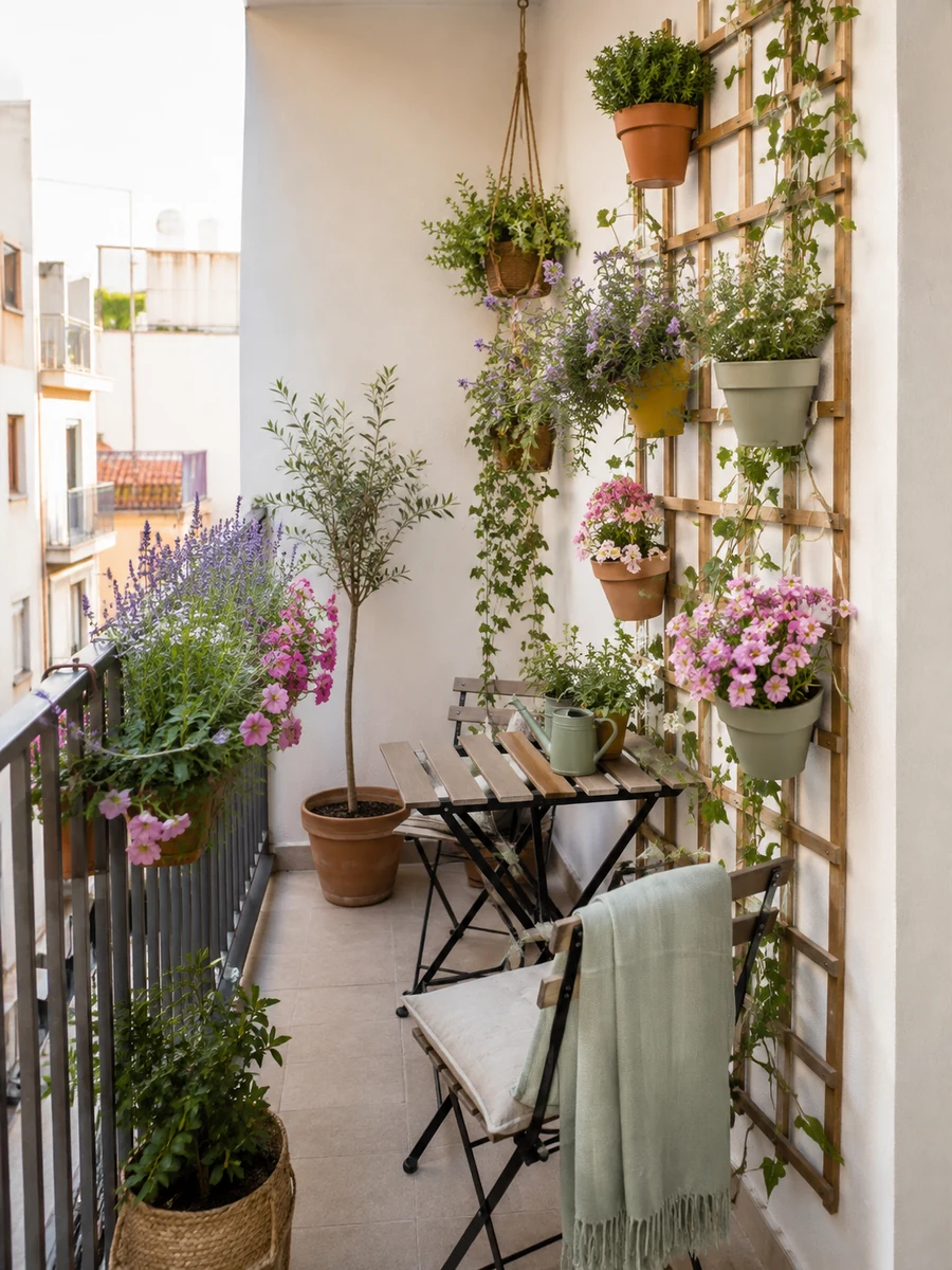 Terraza pequeña con jardín vertical, jardineras de barandilla y plantas colgantes