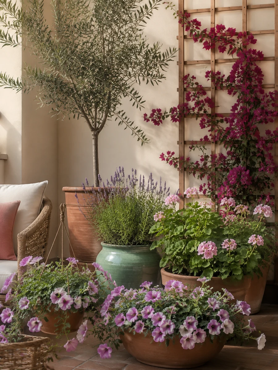 Terraza decorada con plantas de distintas alturas y flores en macetas