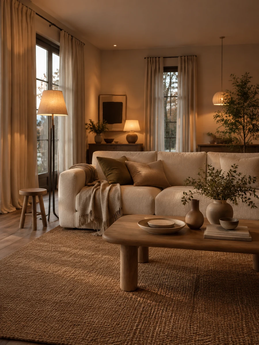 Salón grande acogedor con textiles cálidos y varios puntos de luz