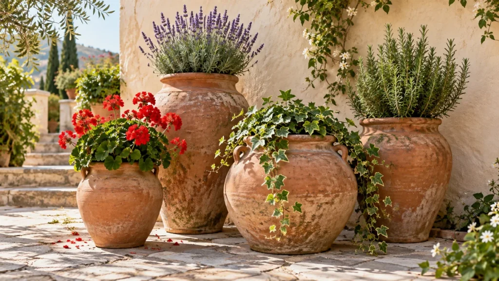Tinajas de barro con lavanda, geranios, romero y hiedra en un patio mediterráneo
