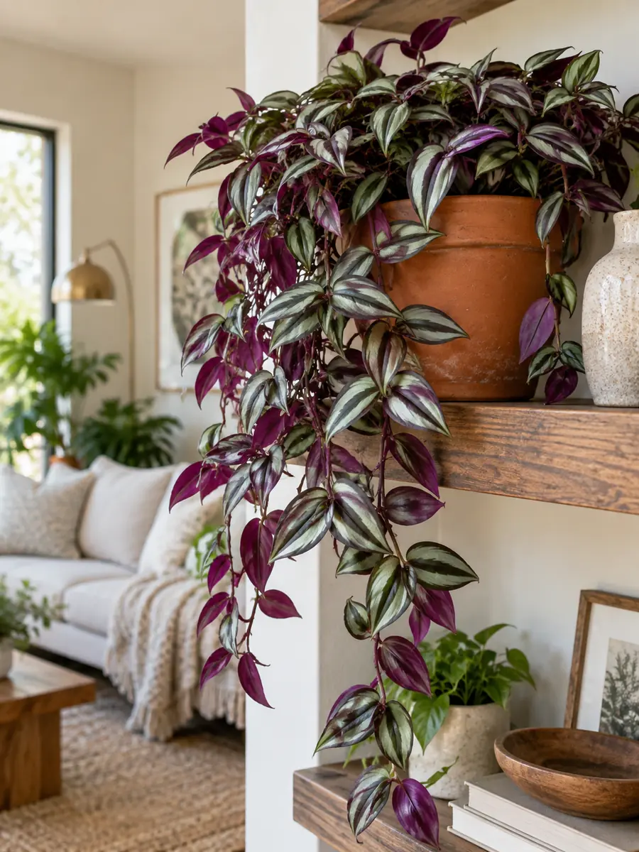 Tradescantia colgante de interior con hojas verdes, plateadas y púrpuras