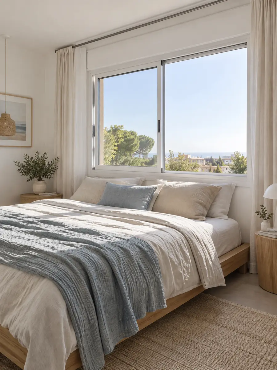 Dormitorio con cama bajo una ventana corredera accesible