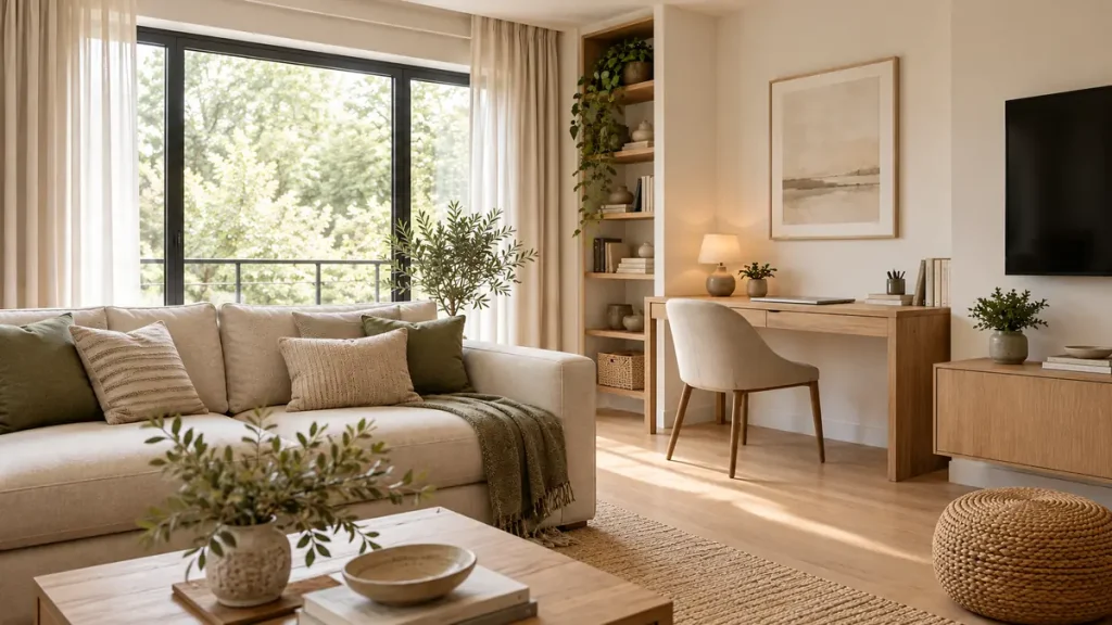 Salón luminoso con zona de trabajo integrada y escritorio de madera