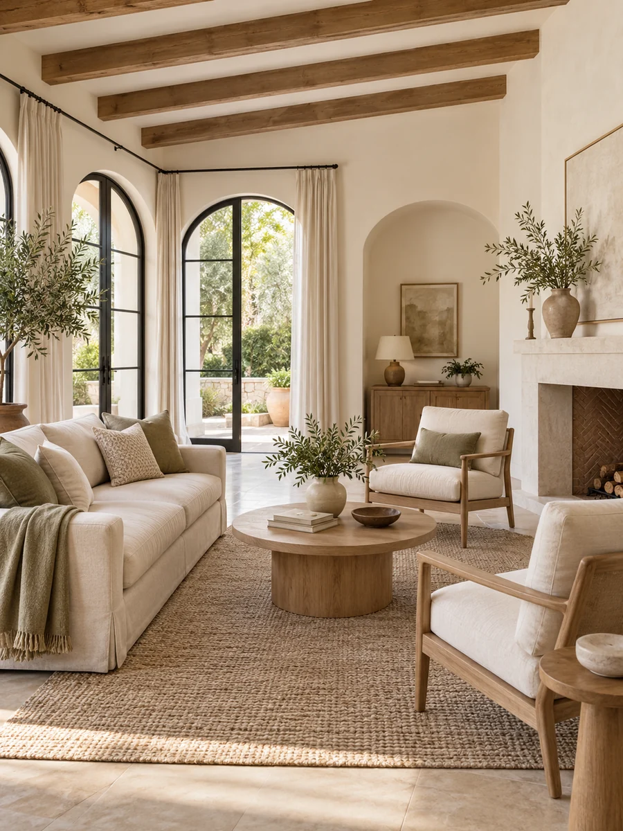 Sala sencilla y elegante con sofá y butacas alrededor de una mesa de centro