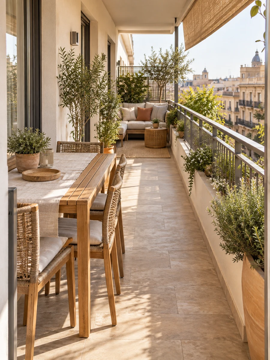 Terraza estrecha y larga organizada con comedor y zona de estar