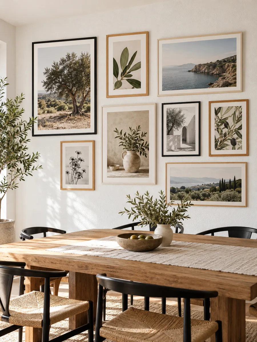 Galería de cuadros y láminas sobre la pared de un comedor