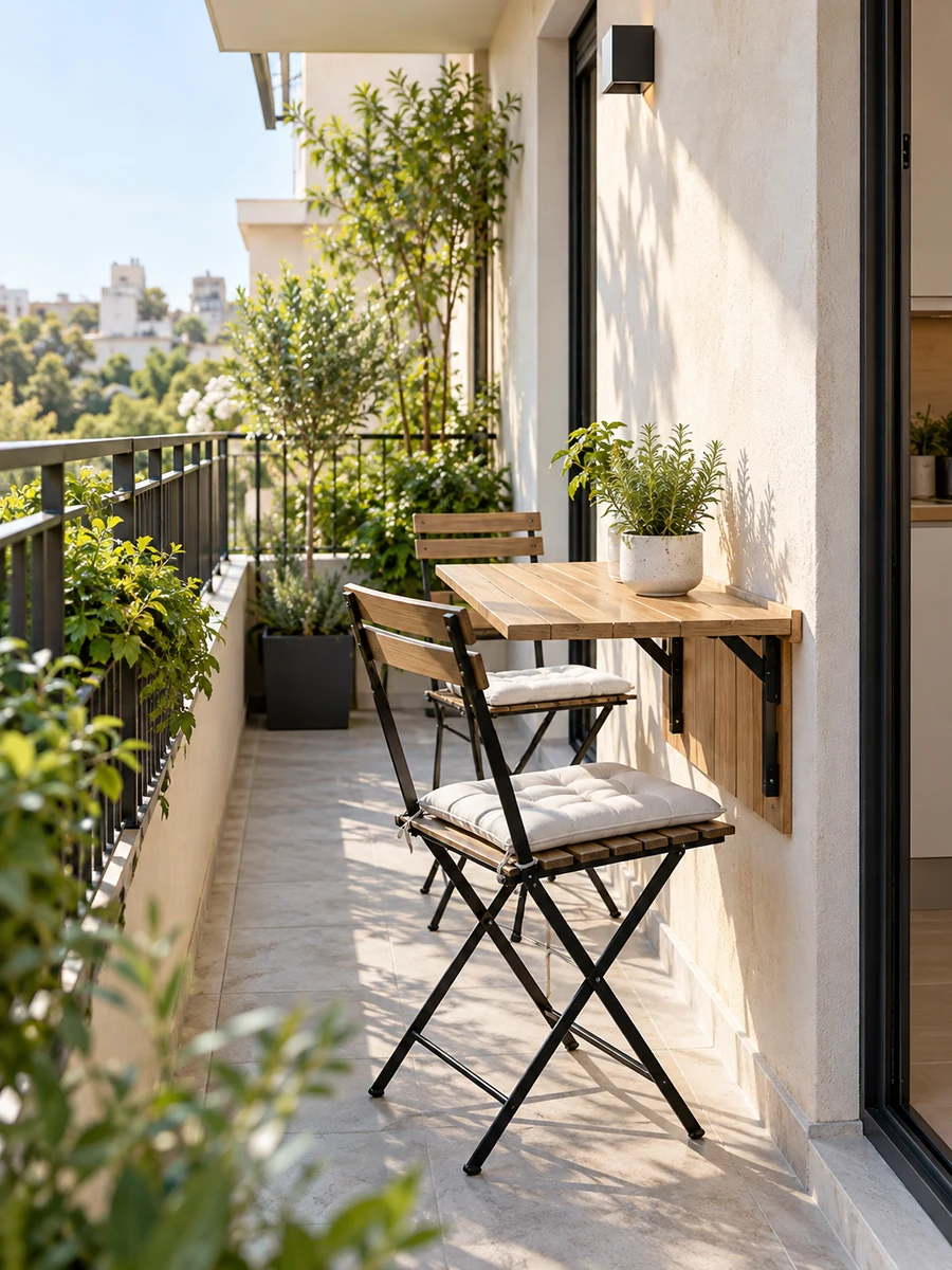 Mesa plegable de pared con dos sillas en terraza estrecha