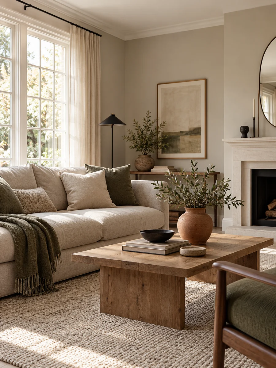 Sala elegante con sofá beige y acentos verde salvia y terracota