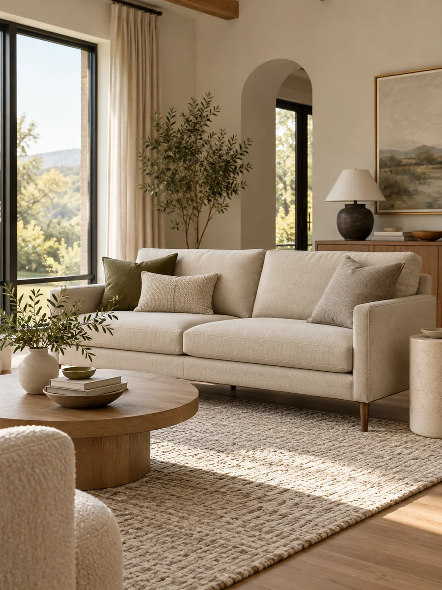Sofá beige de líneas sencillas y proporciones adecuadas en una sala luminosa