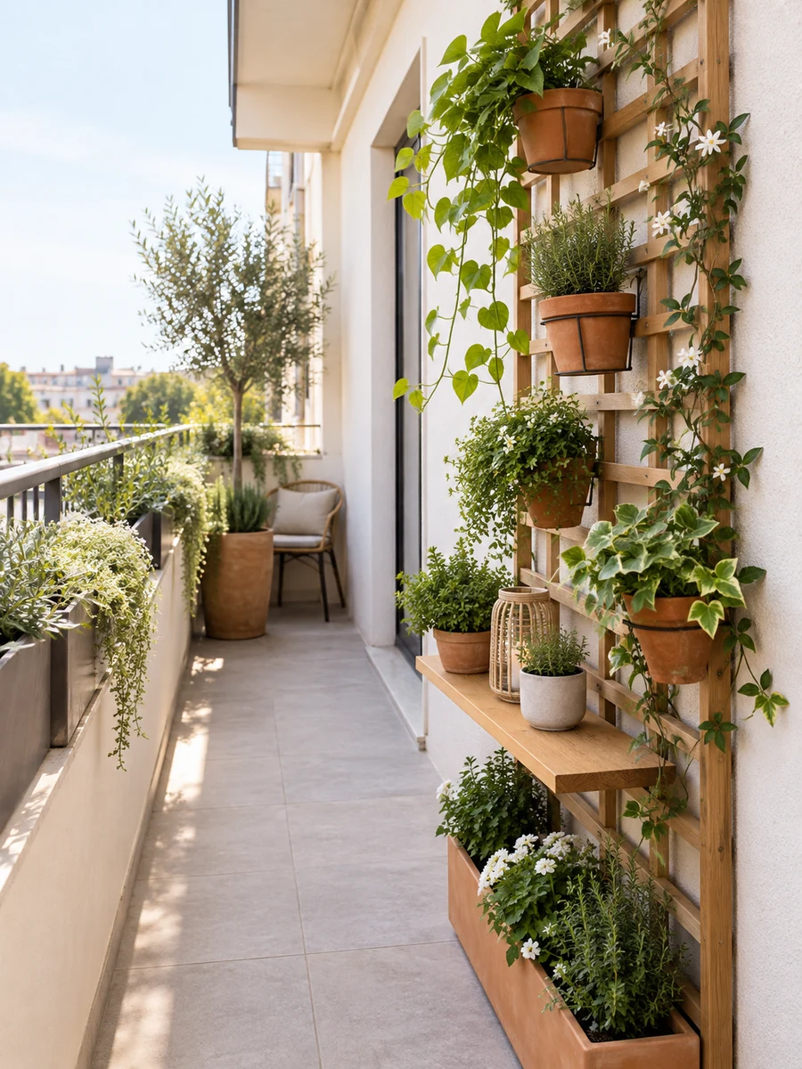 Jardín vertical con celosía y macetas en una terraza estrecha