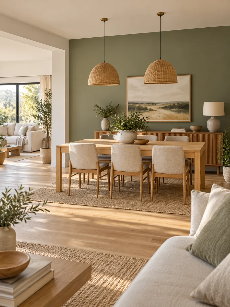 Pared del comedor pintada en verde salvia detrás de la mesa