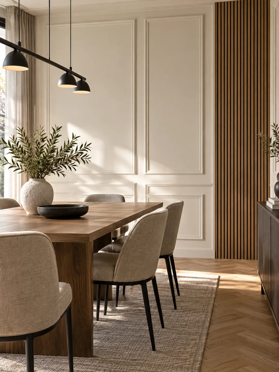 Pared del comedor con molduras y listones de madera