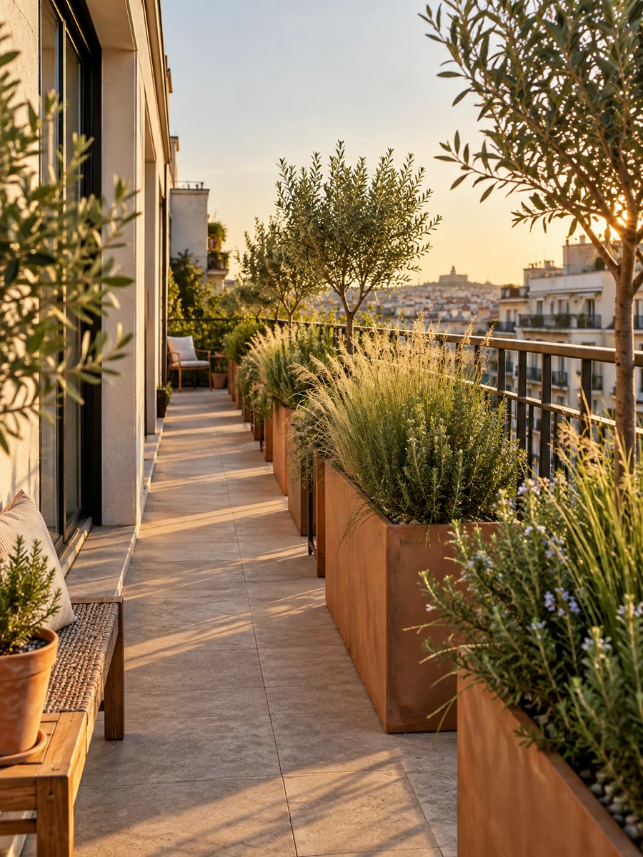 Jardineras con plantas altas que dan privacidad a una terraza larga